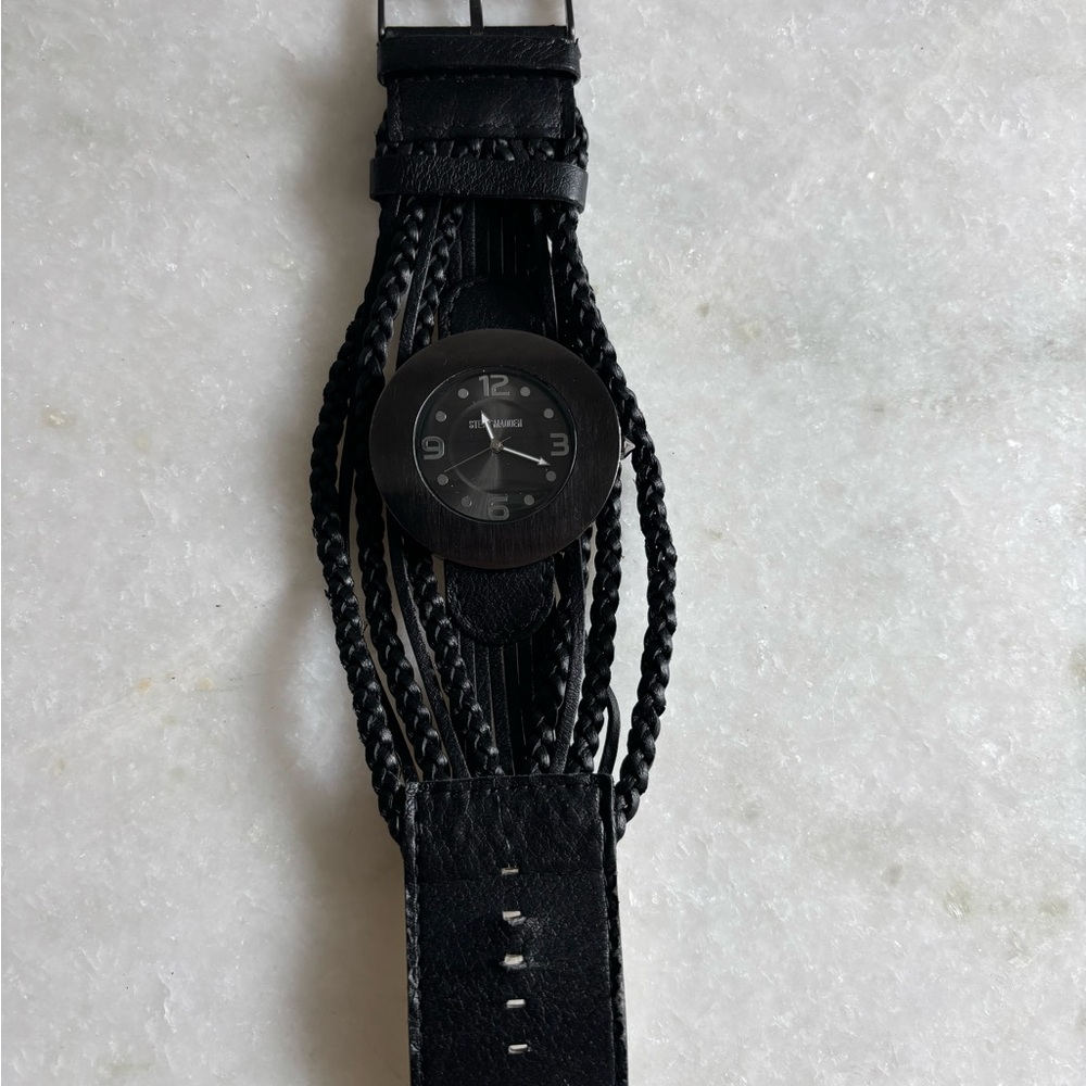 Black Leather Strap Watch with Unique Design